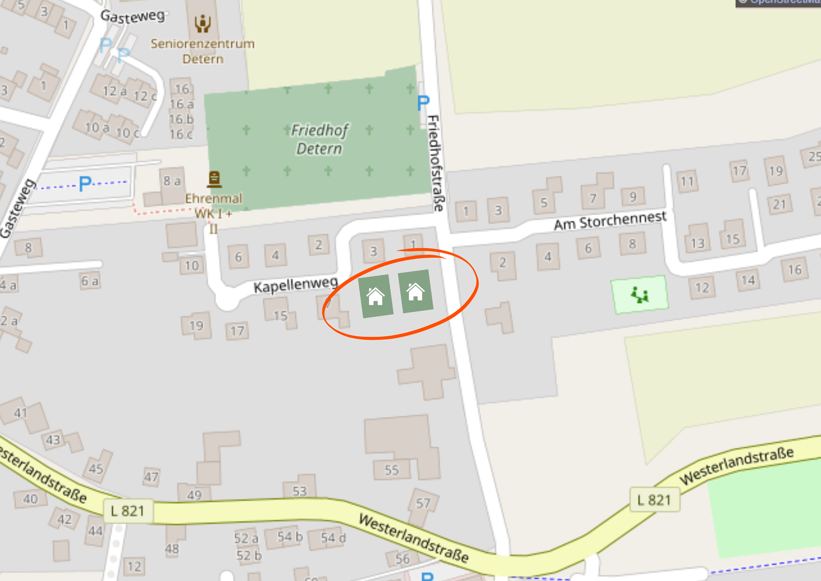 Kartenausschnitt von OPENSTREETMAP, Kapellenweg Friedhofstraß in Detern